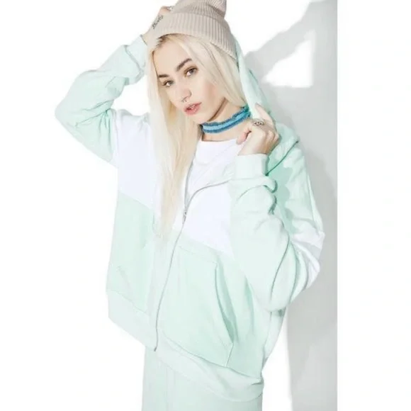 Wildfox Essentials mint green white blocked marquis zip hoodie sweater S small - Picture 12 of 12